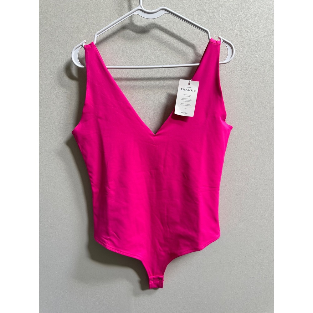 NEW ReoRia Hot Pink Bodysuit V Neck Sleeveless Stretch Fitted Neon Barbiecore